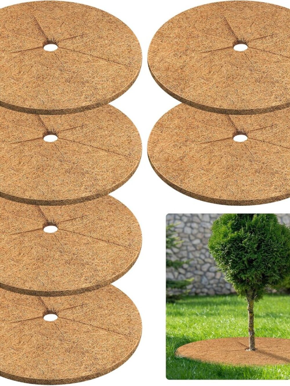 6 Pack Coconut Fiber Mulch Ring Tree Plant Protector Mat, 24 Inch